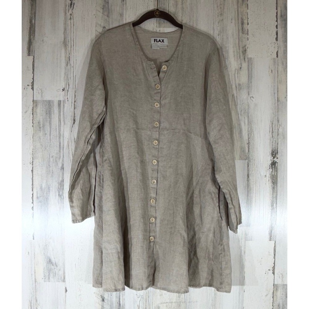 Flax Linen Button Down Tunic Dress Small Beige Long Sleeve Pockets FLAWS READ